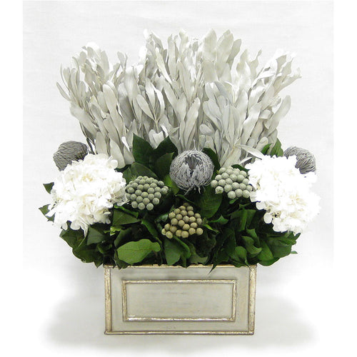 Wooden Rect Grey Silver Container - Integ White, Banksia Grey, Brunia Natural & Hydrangea White