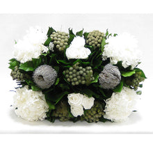Load image into Gallery viewer, [WRP-GS-RBKBRHDW] Wooden Rect Grey Silver Container - Roses White, Banksia Lt Grey, Brunia Nat &amp; Hydrangea White