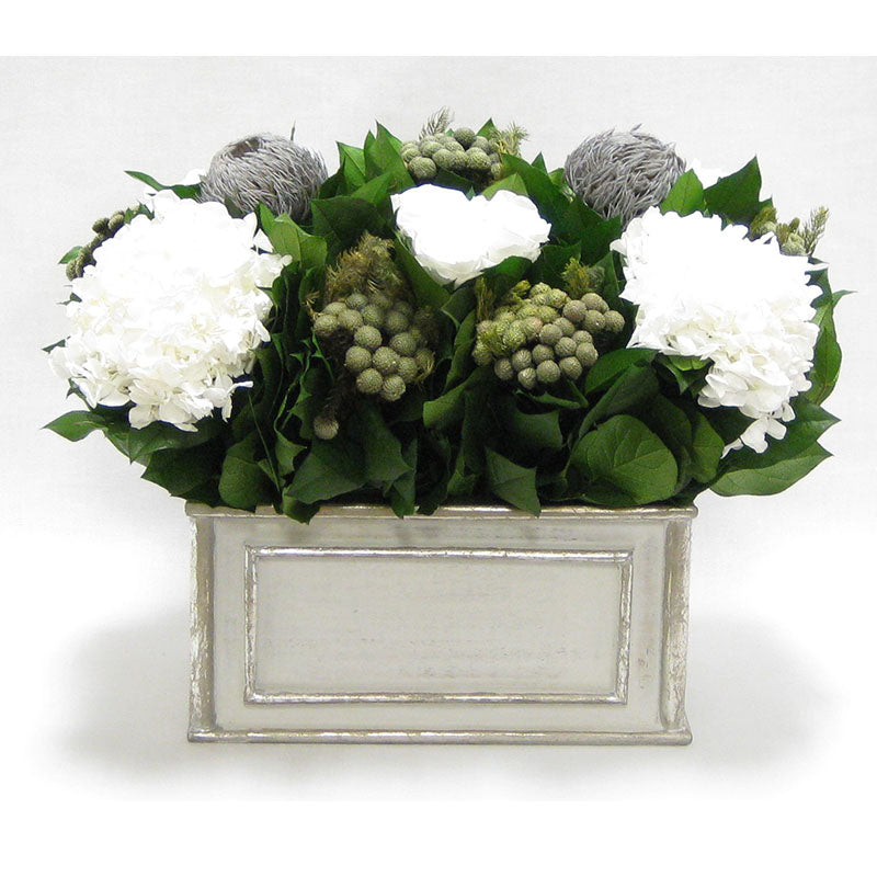 Wooden Rect Grey Silver Container - Roses White, Banksia Lt Grey, Brunia Nat & Hydrangea White