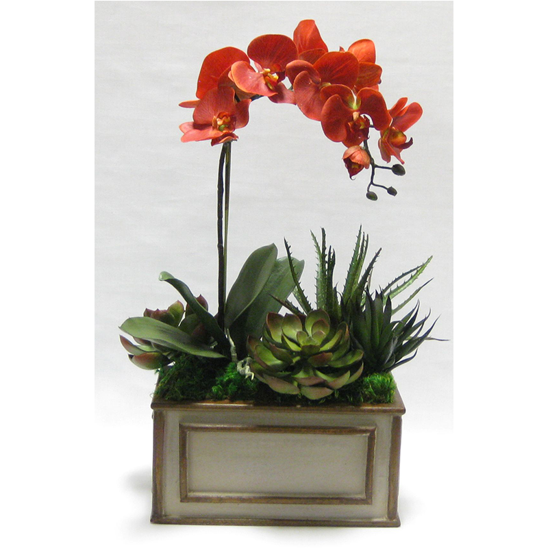 Wooden Rect Container Patina Distressed w/Bronze - Orchid White & Yellow w/Succelents Artificial 