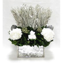 Load image into Gallery viewer, Wooden Rect Container - Silver Antique w/ Antique Mirror - Integ White, Roses White, Banksia Silver &amp; Hydrangea White
