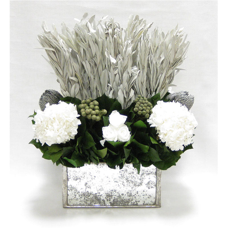 Wooden Rect Container - Silver Antique w/ Antique Mirror - Integ White, Roses White, Banksia Silver & Hydrangea White