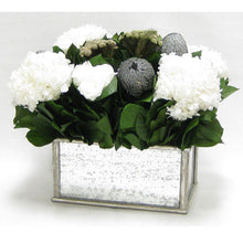 Load image into Gallery viewer, [WRP-SAM-RBKSIHDW] Wooden Rect Container - Silver Antique w/ Antique Mirror - Roses White, Banksia Silver, Brunia Natural &amp; Hydrangea White
