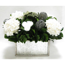 Load image into Gallery viewer, Wooden Rect Container - Silver Antique w/ Antique Mirror - Roses White, Banksia Silver, Brunia Natural &amp; Hydrangea White
