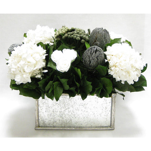Wooden Rect Container - Silver Antique w/ Antique Mirror - Roses White, Banksia Silver, Brunia Natural & Hydrangea White