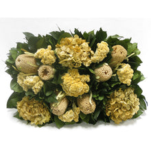 Load image into Gallery viewer, [WRP-WA-BKCLHDI] Wooden Rect Container Weathered Antique - Banksia Natural, Celosia and Hydrangea Ivory