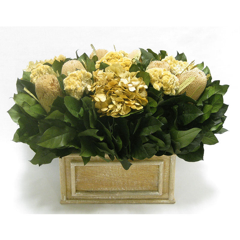 Wooden Rect Container Weathered Antique - Banksia Natural, Celosia and Hydrangea Ivory