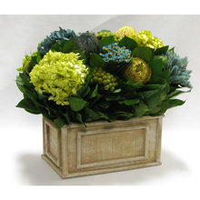 Load image into Gallery viewer, [WRP-WA-HDBHDNB] Wooden Rect Container Weathered Antique - Banksia, Pharalis &amp; Hydrangea Basil &amp; Natural Blue
