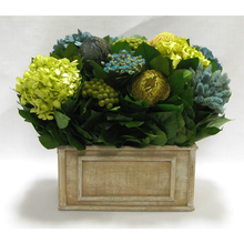 Load image into Gallery viewer, Wooden Rect Container Weathered Antique - Banksia, Pharalis &amp; Hydrangea Basil &amp; Natural Blue
