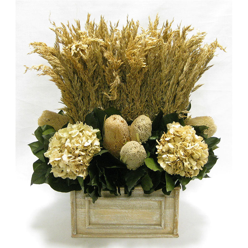 Wooden Rect Container Natural - Wild Oats, Banksia Natural & Hydrangea Ivory