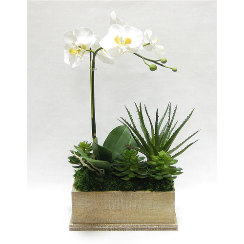 Wooden Rect Container Weathered Antique - Orchid White & Yellow w/Succulents Artificial