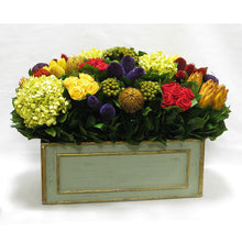 Load image into Gallery viewer, [WRPL-GG-MLP4] Wooden Rect Grey Green Large Container - Multicolor w/ Clover, Roses, Banksia, Protea &amp; Hydrangea Basil