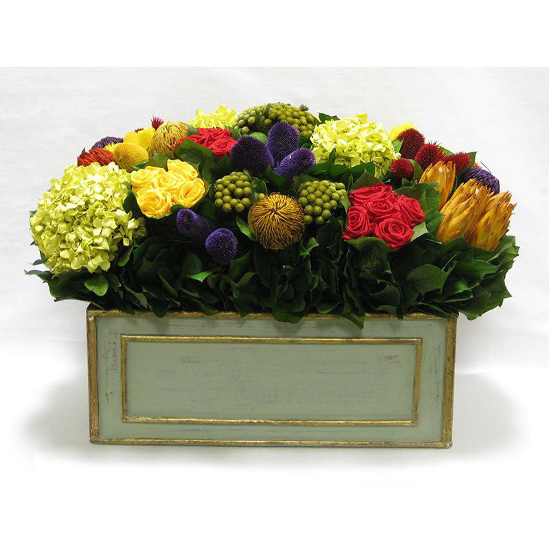 Wooden Rect Grey Green Large Container - Multicolor w/ Clover, Roses, Banksia, Protea & Hydrangea Basil