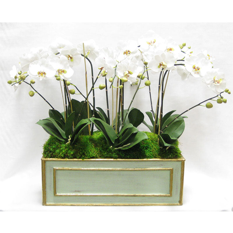 Wooden Large Rect Container Grey Green  - White & Green Orchid Artificial