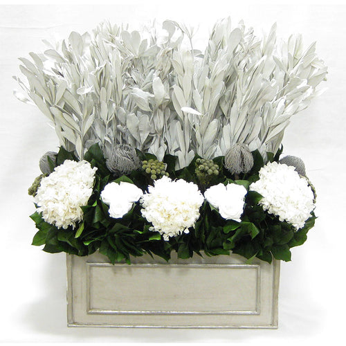 Wooden Rect Grey Silver Large Container - Integ, Roses White, Banksia Grey, Brunia Natural & Hydrangea White