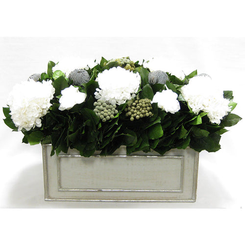 Wooden Rect Grey Silver Large Container - Roses White, Banksia Lt. Grey, Brunia Natural & Hydrangea White