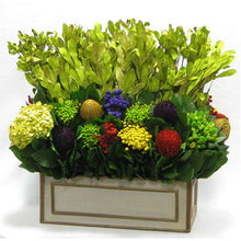 Load image into Gallery viewer, [WRPL-PD-IGMLP6] Wooden Rect. Planter - Patina Distressed w/ Bronze - Integ Green w/ Multicolor Banksia, Brunia, Pharalis &amp; Hydrangea Basil..
