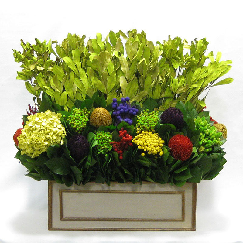 Wooden Rect. Planter - Patina Distressed w/ Bronze - Integ Green w/ Multicolor Banksia, Brunia, Pharalis & Hydrangea Basil..