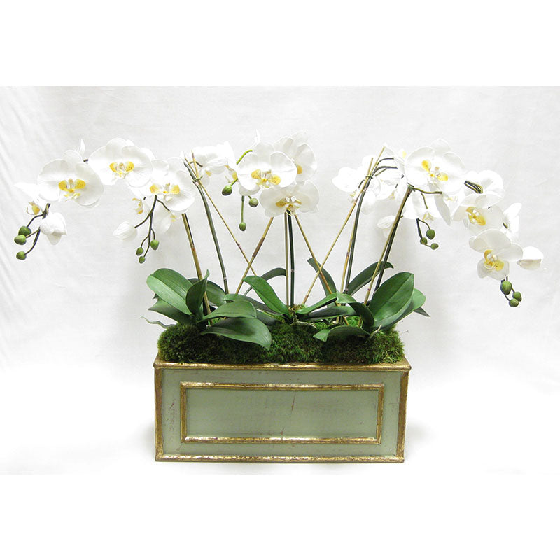 Wooden Medium Rect Container Grey Green - White & Yellow Orchid Artificial
