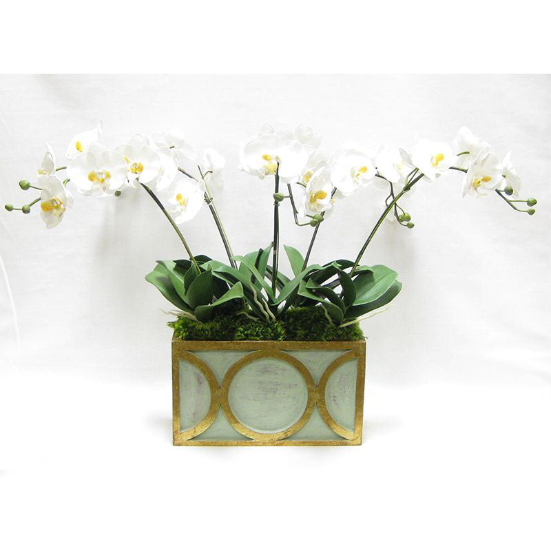 Wooden Rect Container w/ Circle Grey/Green w/ Antique Gold - White & Yellow Orchid Artificial