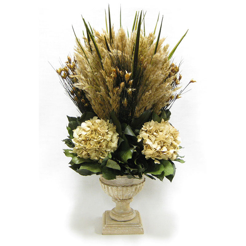 Wooden Weathered Ribbed Urn - Grass Plumes Natural & Hydrangea Ivory