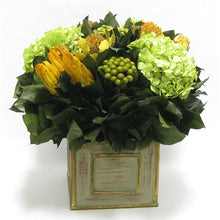 Load image into Gallery viewer, [WSP-GG-BKCOCHDB] Wooden Square Container Gray/Green - Banksia Coccinea Basil, Protea Yellow &amp; Hydrangea Basil