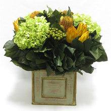 Load image into Gallery viewer, Wooden Square Container Gray/Green - Banksia Coccinea Basil, Protea Yellow &amp; Hydrangea Basil
