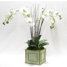 Load image into Gallery viewer, [WSP-GG-ORGR] Wooden Square Container Grey Green - White &amp; Green Orchid Artificial