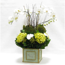Load image into Gallery viewer, Wooden Square Container Gray/Green - Orchid Artificial, Preserved Roses, Brunia, Mushrooms, &amp; Hydrangea Basil