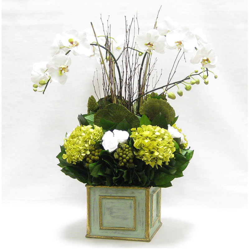 Wooden Square Container Gray/Green - Orchid Artificial, Preserved Roses, Brunia, Mushrooms, & Hydrangea Basil