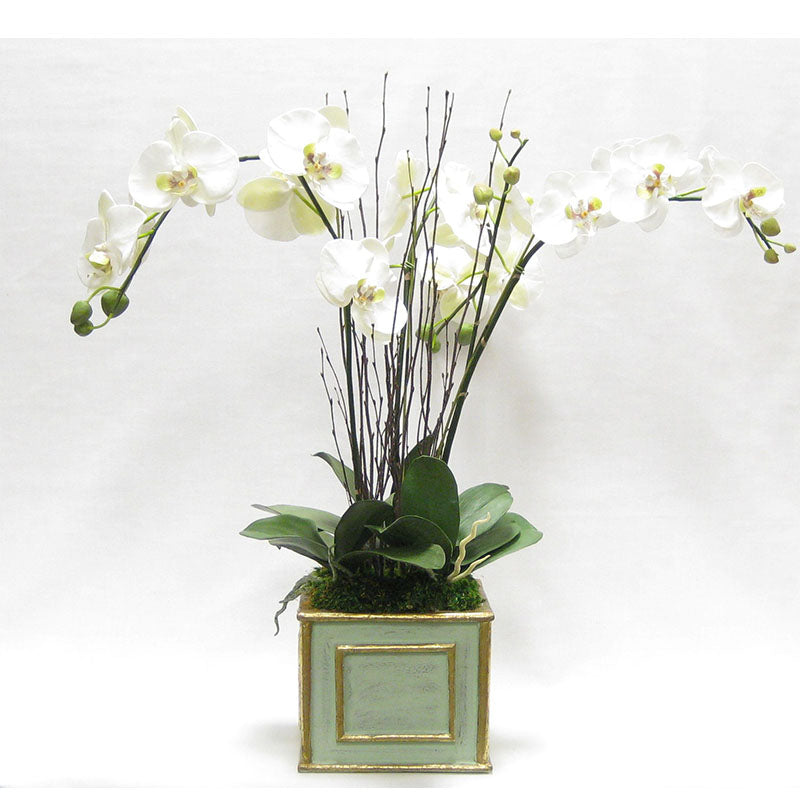 Wooden Square Container Grey Green - White & Green Orchid Artificial