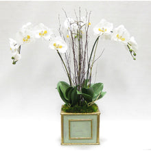 Load image into Gallery viewer, Wooden Square Container Grey Green - White &amp; Yellow Orchid Artificial