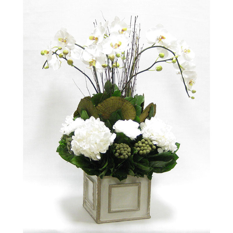 Wooden Square Container - Antique Gray w/ Silver - Orchid Artificial, Preserved Roses, Brunia, Mushrooms, & Hydrangea White