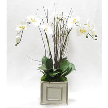 Load image into Gallery viewer, Wooden Square Container Grey Silver - White &amp; Yellow Orchid Artificial