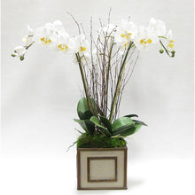 Load image into Gallery viewer, Wooden Square Container Patina Distressed w/Bronze - White &amp; Yellow Orchid Artificial