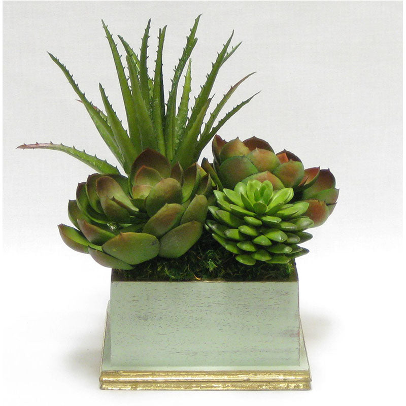 Wooden Square Planter - Gray Green w/ Gold - Succulents Green Artificial
