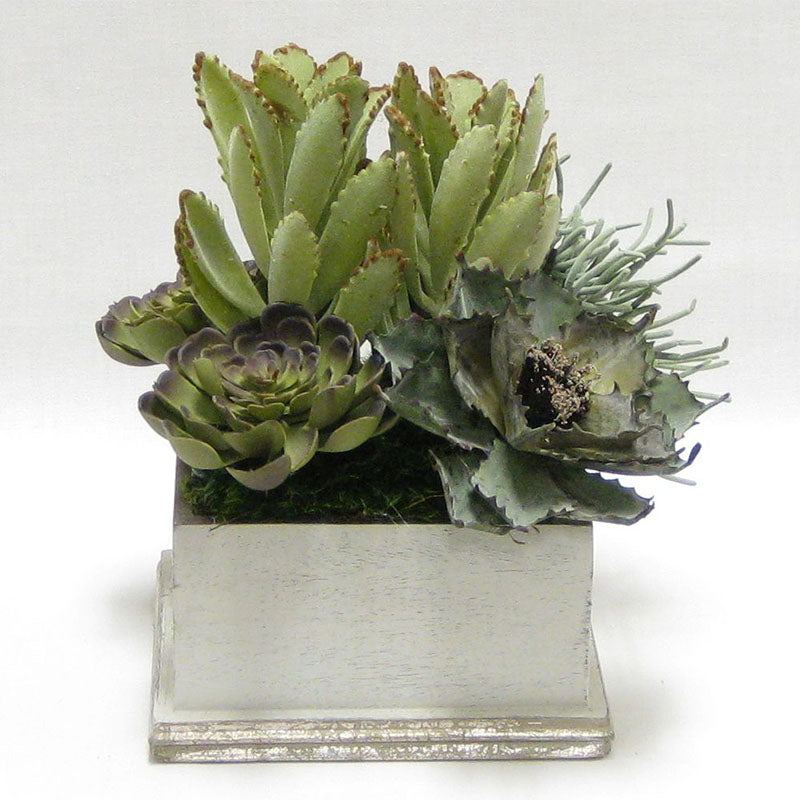 Wooden Square Container - Antique Gray w/ Silver - Succulents Sage Artificial