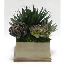 Load image into Gallery viewer, Wooden Square Container Patina Distressed w/Bronze - Succulents Sage &amp; Purple Artificial