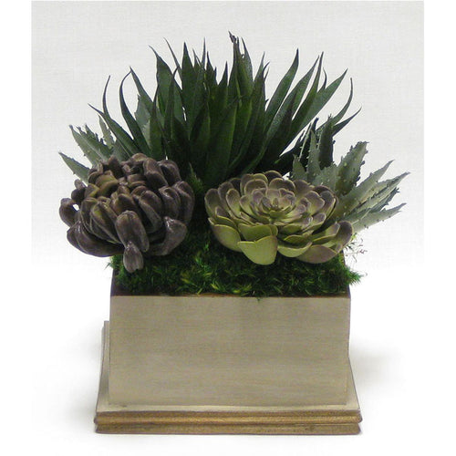 Wooden Square Container Patina Distressed w/Bronze - Succulents Sage & Purple Artificial