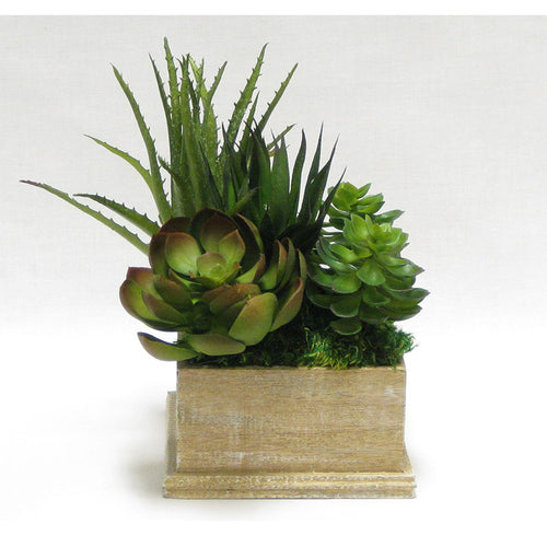 Wooden Square Container Weathered Antique - Succulents Green & Burgundy Artificial