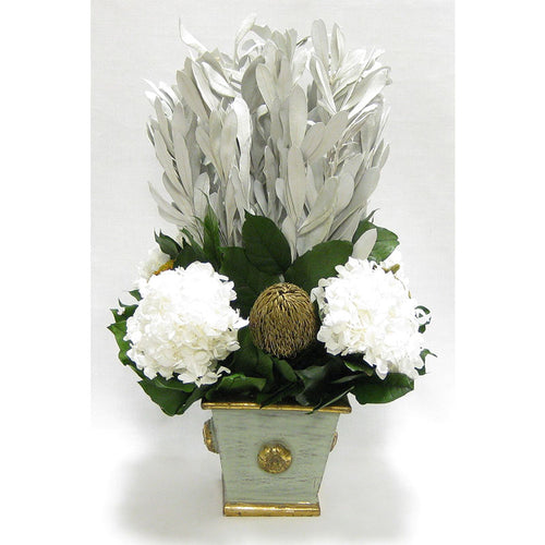 Wooden Square Container w/ Medallion Gray/Green - Integ White, Banksia Gold & Hydrangea White