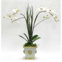 Load image into Gallery viewer, Wooden Square Container w/ Medallion Gray/Green - Double White &amp; Green Orchid Artificial w/ Palm