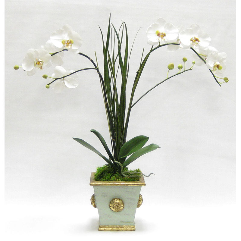 Wooden Square Container w/ Medallion Gray/Green - Double White & Green Orchid Artificial w/ Palm