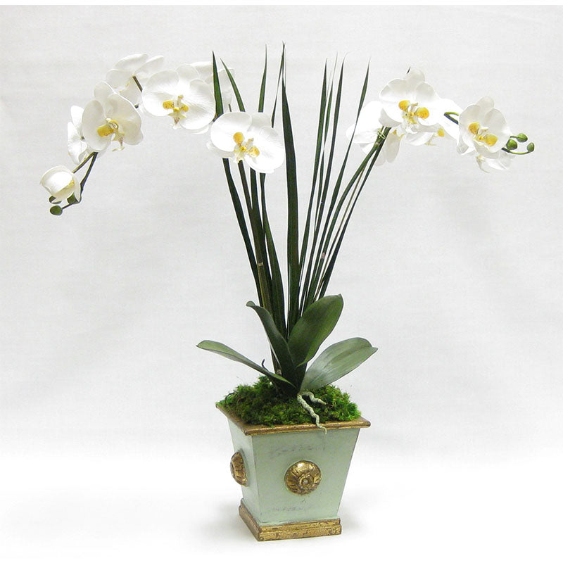 Wooden Square Container w/ Medallion Gray/Green - Double White & Yellow Orchid Artificial w/ Palm