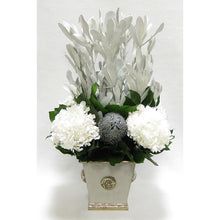 Load image into Gallery viewer, Wooden Square Container w/ Medallion Grey Silver - Integ White, Banksia Silver &amp; Hydrangea White