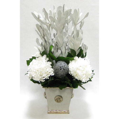Wooden Square Container w/ Medallion Grey Silver - Integ White, Banksia Silver & Hydrangea White