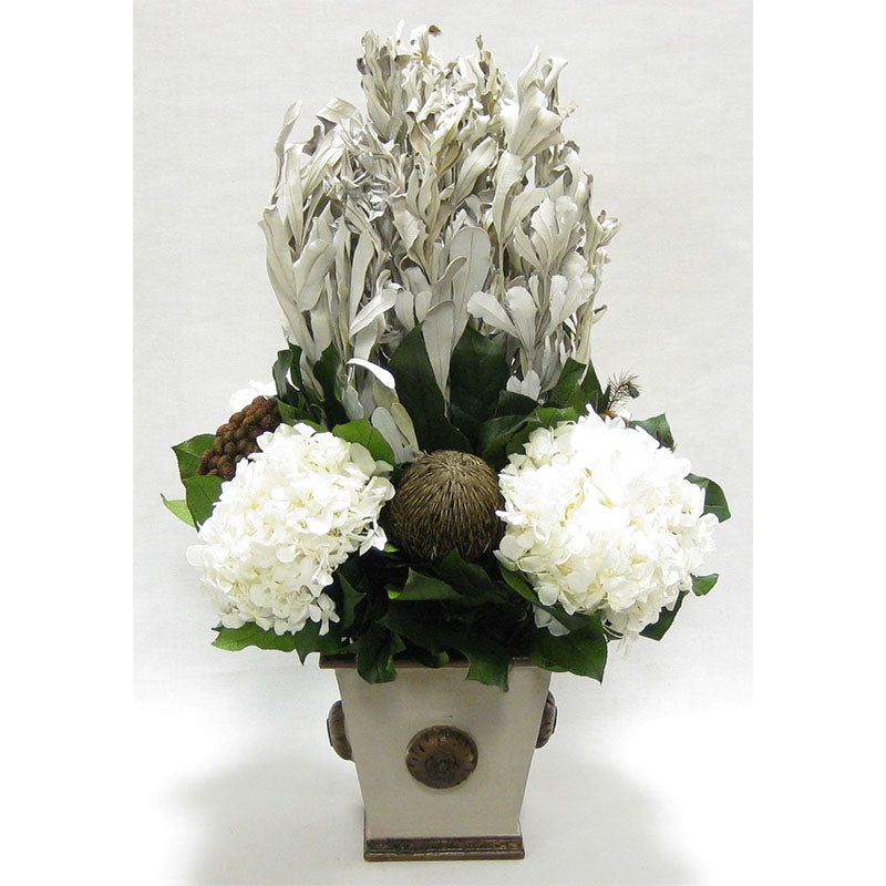 Wooden Square w/Medallion Container Patina Distressed w/Bronze - Integ White, Banksia Bronze & Hydrangea White