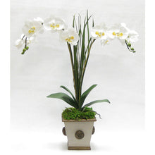Load image into Gallery viewer, Wooden Square w/Medallion Container Patina Distressed w/Bronze - Double White &amp; Yellow Orchid Artificial w/ Palm