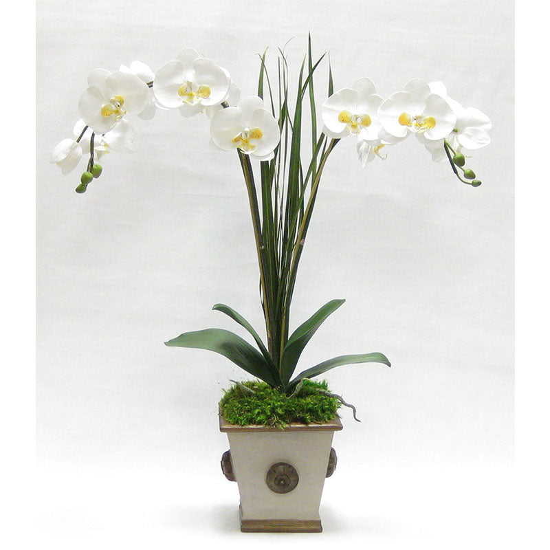 Wooden Square w/Medallion Container Patina Distressed w/Bronze - Double White & Yellow Orchid Artificial w/ Palm