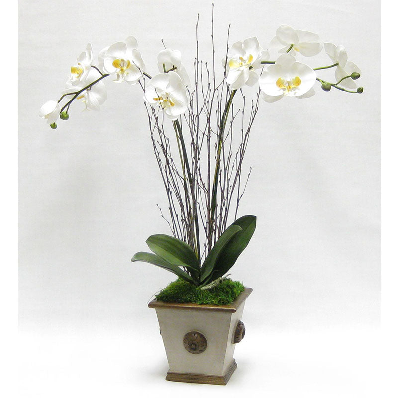 Wooden Square w/Medallion Container Patina Distressed w/Bronze - Double White & Yellow Orchid Artificial